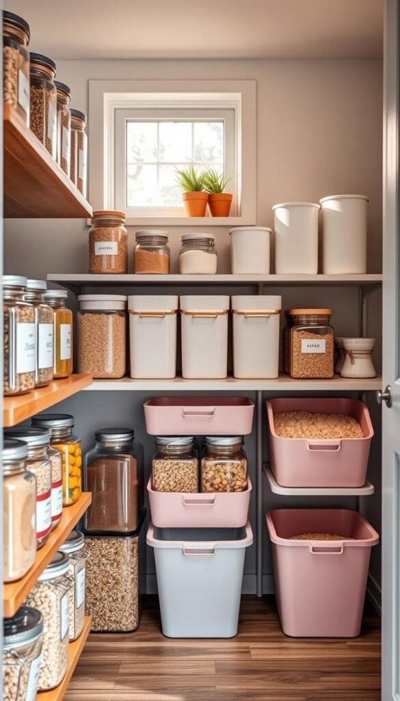 A beautifully organized pantry storage in a small kitchen, showcasing an array of neat, labeled bins and elegant storage containers. The foreground highlights vibrant glass jars filled with grains and spices, arranged harmoniously on a wooden shelf. In the middle, sleek, minimalist storage bins in pastel colors create a seamless look, with a few open to reveal their contents. The background features a cozy kitchen atmosphere, with soft natural sunlight filtering through a window, casting gentle shadows. The scene is photographed from a slight angle, capturing depth and inviting warmth. The mood is inviting and serene, reflecting a lifestyle where organization solves clutter issues, perfect for a Pinterest-style aesthetic by CozyTrendHub.