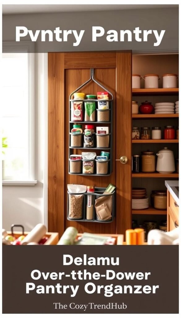 A beautifully organized pantry with a modern aesthetic, featuring the Delamu Over-the-Door Pantry Organizer. In the foreground, showcase neatly arranged baskets filled with pantry essentials such as spices, snacks, and canned goods. The middle layer includes the stylish over-the-door organizer, elegantly hanging on a wooden pantry door, displaying both functionality and charm. In the background, softly blurred shelves filled with colorful food items and decorative jars create a warm and inviting atmosphere. Natural light filters in through a nearby window, casting gentle shadows and enhancing the cozy feel of the space. This Pinterest-style lifestyle photo embodies a well-organized and visually appealing pantry, promoting the CozyTrendHub brand while emphasizing smart kitchen solutions.