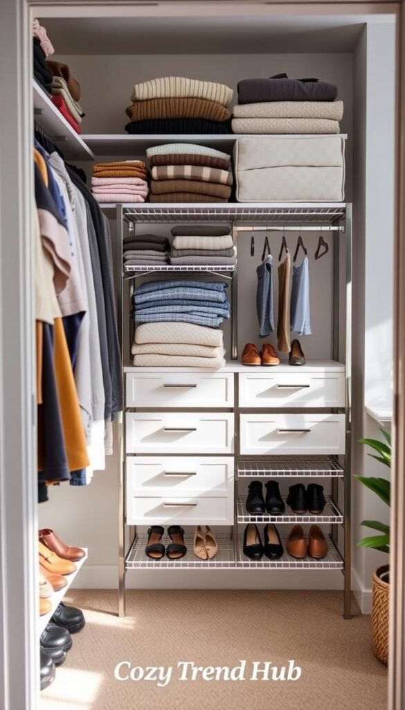A beautifully organized reach-in closet featuring the Container Store Elfa Closet System, showcasing custom shelving and storage solutions. In the foreground, a stylish assortment of folded sweaters and neatly arranged shoes on open shelves, creating an inviting atmosphere. The middle layer reveals the sleek metal frames supporting lightweight drawers and hanging racks, designed with a modern aesthetic. In the background, soft ambient lighting highlights the textures of the storage materials, accentuating the clean lines and functionality of the Elfa system. The scene is set in a cozy, well-lit room with a hint of greenery from a potted plant in the corner, evoking a fresh and inviting mood. The overall composition reflects the CozyTrendHub brand, emphasizing a focus on organization and style in home decor. A beautifully organized reach-in closet featuring the Container Store Elfa Closet System, showcasing custom shelving and storage solutions. In the foreground, a stylish assortment of folded sweaters and neatly arranged shoes on open shelves, creating an inviting atmosphere. The middle layer reveals the sleek metal frames supporting lightweight drawers and hanging racks, designed with a modern aesthetic. In the background, soft ambient lighting highlights the textures of the storage materials, accentuating the clean lines and functionality of the Elfa system. The scene is set in a cozy, well-lit room with a hint of greenery from a potted plant in the corner, evoking a fresh and inviting mood. The overall composition reflects the CozyTrendHub brand, emphasizing a focus on organization and style in home decor.