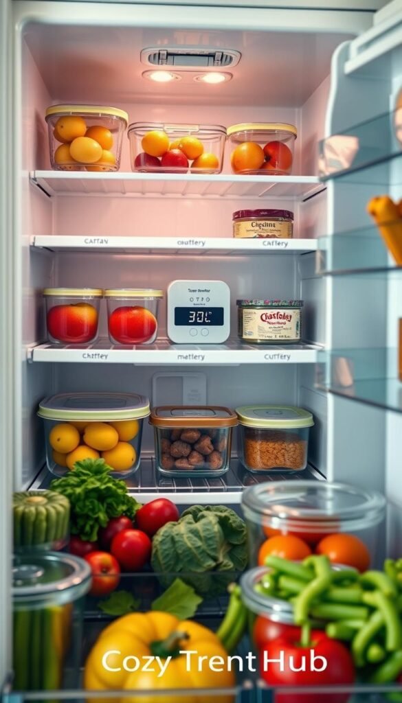 A beautifully organized refrigerator interior showcasing optimal fridge temperature and shelf order for food safety. In the foreground, clear containers filled with colorful, fresh fruits and vegetables are neatly arranged, emphasizing freshness. In the middle, a digital thermometer displays an ideal temperature setting, alongside labeled shelves for easy identification of food items. The background features a tasteful kitchen design with soft, natural light filtering through a window, highlighting the glisten of cleaned surfaces and organized storage. The mood is calm and inviting, perfect for a cozy home setting. Ensure the scene reflects the brand "CozyTrendHub," portraying an aesthetically pleasing and practical approach to fridge organization, free of any text or watermarks.
