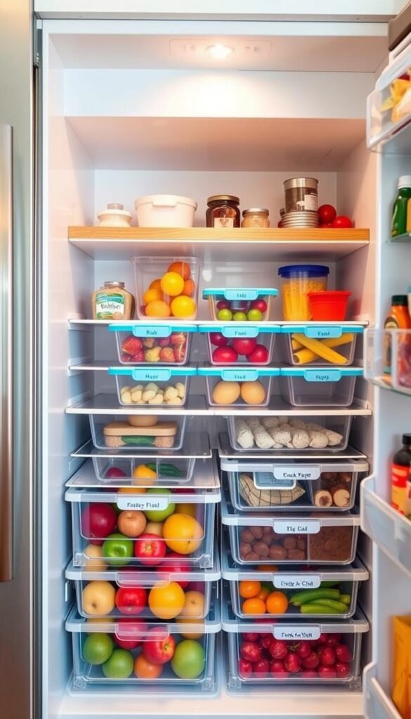 A beautifully organized refrigerator showcasing a variety of colorful fridge storage bins designed to maximize space and reduce food waste. In the foreground, clear plastic bins filled with fruits, vegetables, and condiments are neatly arranged, highlighting their transparent design for easy visibility. In the middle, there are additional bins stacked in an orderly manner, each labeled for quick identification. The background features a bright, modern kitchen with soft lighting that creates a warm and inviting atmosphere. The fridge is stainless steel with a clean appearance, complemented by stylish wooden shelves above. The overall mood emphasizes efficiency and style, perfect for small homes and apartments. Capture this scene in a lifestyle photo, reflecting the cozy essence of "CozyTrendHub."