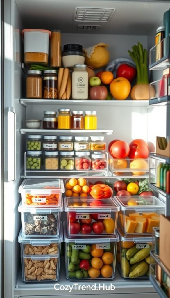 A beautifully organized refrigerator showcasing various fridge organizers designed for efficient storage. In the foreground, there are clear plastic containers with labeled sections for fruits, vegetables, and condiments, arranged neatly. The middle ground features a tiered shelving unit holding small jars and bottles, while the background is filled with vibrant produce and dairy products organized by color and size. The lighting is bright and natural, casting soft shadows, enhancing the freshness of the food. The angle is slightly elevated to provide a comprehensive view of the fridge's interior. The mood is clean, modern, and inspiring, reflecting a well-organized kitchen space. This image embodies a cozy and practical approach to food storage, branded by "CozyTrendHub." A beautifully organized refrigerator showcasing various fridge organizers designed for efficient storage. In the foreground, there are clear plastic containers with labeled sections for fruits, vegetables, and condiments, arranged neatly. The middle ground features a tiered shelving unit holding small jars and bottles, while the background is filled with vibrant produce and dairy products organized by color and size. The lighting is bright and natural, casting soft shadows, enhancing the freshness of the food. The angle is slightly elevated to provide a comprehensive view of the fridge's interior. The mood is clean, modern, and inspiring, reflecting a well-organized kitchen space. This image embodies a cozy and practical approach to food storage, branded by "CozyTrendHub."
