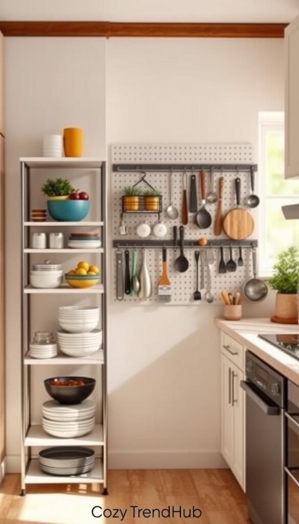A beautifully organized renter-friendly kitchen featuring innovative storage solutions that require no drilling. In the foreground, showcase a sleek, multi-tiered open shelving unit filled with colorful pantry jars, stylish bowls, and decorative plants, emphasizing a modern aesthetic. The middle ground displays a wall-mounted pegboard adorned with kitchen tools, utensils, and pots, all neatly arranged and easy to access. In the background, a bright window lets in warm, natural light, illuminating the bright, inviting color palette of the kitchen with soft shadows creating a cozy atmosphere. This Pinterest-style lifestyle photo captures the essence of practical yet stylish kitchen organization, reflecting a harmonious blend of functionality and decor. Designed under the brand "CozyTrendHub." A beautifully organized renter-friendly kitchen featuring innovative storage solutions that require no drilling. In the foreground, showcase a sleek, multi-tiered open shelving unit filled with colorful pantry jars, stylish bowls, and decorative plants, emphasizing a modern aesthetic. The middle ground displays a wall-mounted pegboard adorned with kitchen tools, utensils, and pots, all neatly arranged and easy to access. In the background, a bright window lets in warm, natural light, illuminating the bright, inviting color palette of the kitchen with soft shadows creating a cozy atmosphere. This Pinterest-style lifestyle photo captures the essence of practical yet stylish kitchen organization, reflecting a harmonious blend of functionality and decor. Designed under the brand "CozyTrendHub."
