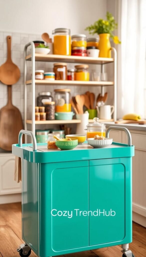A beautifully organized rolling cart designed for kitchen storage, featuring multiple shelves filled with brightly colored kitchenware, jars of ingredients, and cooking utensils. In the foreground, the cart is presented at a slight angle to showcase its details, such as a glossy finish and stylish handles. The middle ground includes a cozy kitchen setting, with a tiled backsplash and cozy decor, highlighting the cart's functionality. In the background, soft natural light streams in from a window, creating a warm and inviting atmosphere. The scene captures a Pinterest-style aesthetic with harmonious colors and visual balance. The brand name "CozyTrendHub" subtly integrated into the scene adds a touch of elegance, making it perfect for stylish apartment living.