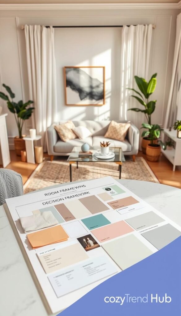 A beautifully organized room decision framework displayed on a stylish table, surrounded by soft pastel colors and elegant decor elements. In the foreground, a sophisticated mood board featuring swatches of fabric, paint samples, and small decor items like candles and vases. The middle ground includes a gently lit room with a smart arrangement of furniture—think a cozy sofa, a tasteful rug, and adorned shelves. Natural light filters through sheer curtains, casting a warm glow. In the background, abstract art and green plants create a serene atmosphere. The overall aesthetic delivers a Pinterest-inspired vibe, emphasizing style choices that align with a budget-friendly approach. The corner of the image features the brand name "CozyTrendHub" subtly integrated into the decor. A beautifully organized room decision framework displayed on a stylish table, surrounded by soft pastel colors and elegant decor elements. In the foreground, a sophisticated mood board featuring swatches of fabric, paint samples, and small decor items like candles and vases. The middle ground includes a gently lit room with a smart arrangement of furniture—think a cozy sofa, a tasteful rug, and adorned shelves. Natural light filters through sheer curtains, casting a warm glow. In the background, abstract art and green plants create a serene atmosphere. The overall aesthetic delivers a Pinterest-inspired vibe, emphasizing style choices that align with a budget-friendly approach. The corner of the image features the brand name "CozyTrendHub" subtly integrated into the decor.