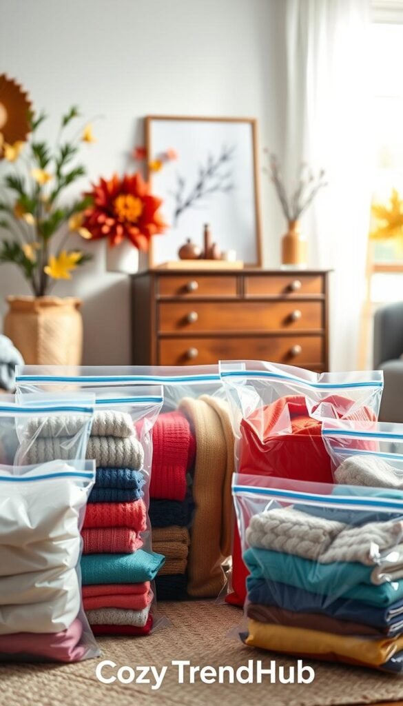 A beautifully organized room featuring a variety of vacuum storage bags displayed prominently in the foreground, showcasing their clear, durable design and vibrant colors, with some bags filled with neatly folded seasonal clothing. In the middle ground, a stylish chest of drawers complements the storage bags, accentuating a cozy, inviting atmosphere. The background reveals a softly lit room adorned with seasonal decor, such as autumn leaves or holiday accents, adding warmth. Soft, natural light filters through a window, creating a serene ambiance. The overall mood is one of efficiency and simplicity, making the vacuum storage bags appear practical yet aesthetically pleasing. The image should evoke a sense of organization and smart storage solutions, reflecting the brand "CozyTrendHub."
