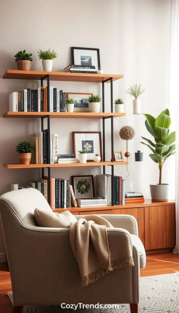 A beautifully organized set of wooden shelves against a softly lit, neutral-toned wall, displaying an array of neatly arranged books, decorative plants in stylish pots, and curated knick-knacks. In the foreground, a cozy, minimalistic armchair invites relaxation, while a soft throw blanket drapes over its arm. The middle ground features the shelves, emphasizing the balance and harmony of the items displayed, reflecting a no-container organizing philosophy. In the background, gentle natural light filters through a window adorned with sheer curtains, creating a warm, inviting atmosphere. The overall mood is serene and purposeful, showcasing the visual appeal of organized living in a Pinterest-style lifestyle photo. The image captures the essence of orderly beauty, branded with "CozyTrendHub."