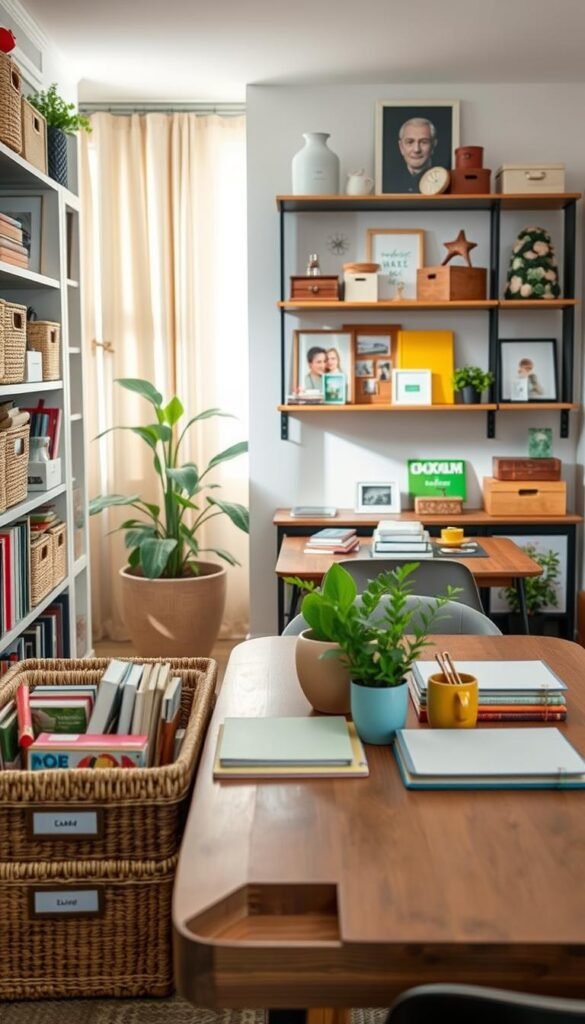 A beautifully organized shared home storage space that blends functionality with aesthetics. In the foreground, there are stylish, labeled storage bins made of woven materials, neatly arranged on shelves filled with books and decor items. The middle layer features a communal dining table with assorted household items like plants, colorful tableware, and a planner, reflecting a warm, inviting atmosphere. The background shows a cozy living area with soft lighting, highlighting a wall-mounted shelving unit displaying decorative boxes and photos. The soft natural light filters in through a window, creating an uplifting mood. Capture this scene in a Pinterest-inspired, lifestyle photograph style, emphasizing organization and harmony in shared spaces. This image is brought to you by CozyTrendHub.