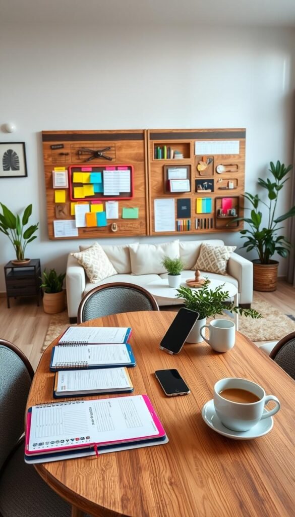 A beautifully organized shared living space with a large, rustic wooden board as a central feature, serving as a multi-functional area for planning and communication. In the foreground, a stylish corkboard with color-coded notes and routines in vibrant hues. In the middle, a cozy dining table adorned with neatly arranged planners, smartphones with organizing apps open, and coffee cups, symbolizing collaboration. The background features a warm, welcoming living room with soft lighting, plants, and light-colored furniture, creating an inviting, organized atmosphere. The overall mood is harmonious and productive, promoting teamwork and efficient communication in shared homes. Shot in soft natural light with a wide-angle lens, capturing the essence of stylish, practical home decor from CozyTrendHub.