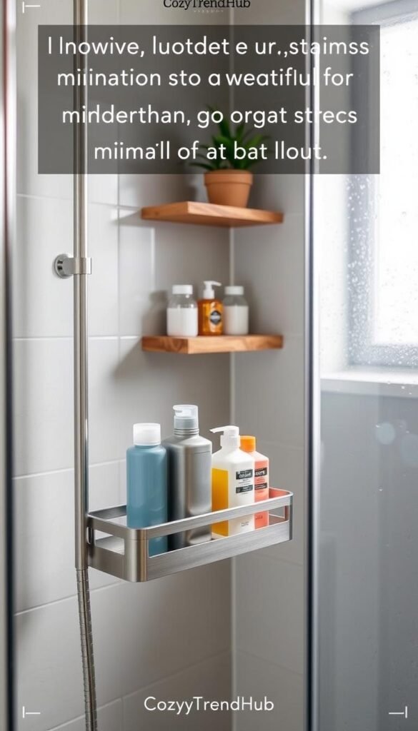 A beautifully organized shower area showcasing innovative storage solutions to minimize bottle buildup. In the foreground, a sleek shower caddy made of brushed stainless steel holds shampoo and conditioner bottles neatly arranged. The middle ground features a wall-mounted bamboo shelf displaying colorful soaps and a potted plant for a touch of greenery. The background includes a clear glass shower door with gentle water droplets, creating an inviting and fresh ambiance. Soft, natural lighting filters through a frosted window, enhancing the serene atmosphere. The scene embodies a Pinterest-style aesthetic, harmonizing style and functionality, perfect for small and shared bathroom spaces. This image is curated to reflect the brand "CozyTrendHub".