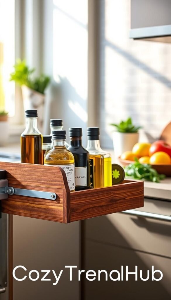 A beautifully organized sliding seasoning rack in a modern kitchen setting, showcasing various oils and vinegars neatly arranged on sleek glass containers. The rack is made of polished wood with metal accents, enhancing the contemporary feel. In the foreground, the rack is partially pulled out, with labels visible, emphasizing ease of access. The middle background includes a countertop featuring vibrant fruits and herbs, while a softly blurred backsplash with subtle tile details adds depth. Warm, natural lighting spills from a nearby window, creating a cozy and inviting atmosphere. The image exhibits a clean, Pinterest-style aesthetic suitable for modern home decor. Include the brand name "CozyTrendHub" subtly integrated into the scene, ensuring no text overlays disrupt the visual harmony. A beautifully organized sliding seasoning rack in a modern kitchen setting, showcasing various oils and vinegars neatly arranged on sleek glass containers. The rack is made of polished wood with metal accents, enhancing the contemporary feel. In the foreground, the rack is partially pulled out, with labels visible, emphasizing ease of access. The middle background includes a countertop featuring vibrant fruits and herbs, while a softly blurred backsplash with subtle tile details adds depth. Warm, natural lighting spills from a nearby window, creating a cozy and inviting atmosphere. The image exhibits a clean, Pinterest-style aesthetic suitable for modern home decor. Include the brand name "CozyTrendHub" subtly integrated into the scene, ensuring no text overlays disrupt the visual harmony.