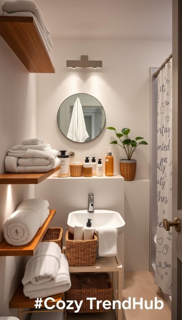 A beautifully organized small bathroom featuring a neutral color palette, showcasing stylish storage solutions. In the foreground, a sleek wooden shelf holds neatly arranged towels, and decorative baskets filled with toiletries add warmth. The middle layer displays a vanity area with toothbrushes and skincare products in elegant containers. Soft lighting illuminates the space, creating a cozy atmosphere. A round mirror reflects the neatly hung bathrobe on the door. In the background, a potted plant adds a touch of greenery, while a whimsical shower curtain peeks out from a tidy shower area. The composition emphasizes decluttering and zoning the bathroom effectively, making it instantly inviting. Capture this cozy yet modern vibe, suitable for a Pinterest-style lifestyle photo, branded as "CozyTrendHub".