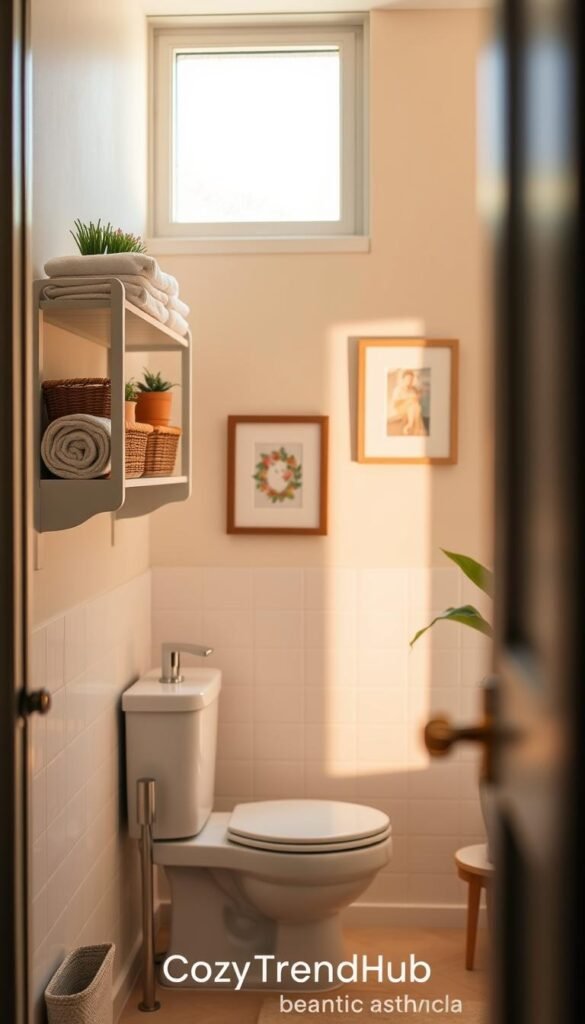 A beautifully organized small bathroom featuring an over-the-toilet storage unit that maximizes vertical space. In the foreground, the storage unit is elegantly styled with neatly stacked towels, decorative baskets, and potted plants, creating a cozy and inviting atmosphere. The middle scene includes a modern toilet and a tasteful, soft-colored wall with framed art, enhancing the aesthetic appeal. The background showcases warm, natural light streaming through a frosted window, illuminating the bathroom and casting gentle shadows. Use a shallow depth of field to focus on the storage unit while softly blurring the background elements. The overall mood is tranquil and organized, embodying a Pinterest-inspired lifestyle setting. Include the brand name "CozyTrendHub" subtly integrated into the design aesthetic.