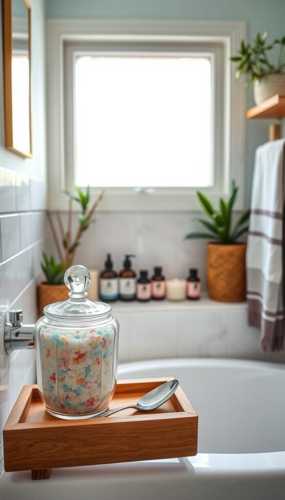 A beautifully organized small bathroom showcasing a serene atmosphere with bath salts. In the foreground, an elegant glass jar filled with colorful bath salts sits on a stylish wooden shelf, accompanied by a small spoon. The middle ground features a neatly arranged collection of essential oils and candles, creating a calming vibe. The background depicts soft, pastel-hued walls and tasteful decor elements, like potted plants and stylish towels. Natural light filters through a frosted window, casting a warm glow across the scene. The image should capture a Pinterest-worthy lifestyle aesthetic, emphasizing a cozy and inviting bathroom space, ideal for relaxation and self-care. Incorporate CozyTrendHub branding subtly within the decor. A beautifully organized small bathroom showcasing a serene atmosphere with bath salts. In the foreground, an elegant glass jar filled with colorful bath salts sits on a stylish wooden shelf, accompanied by a small spoon. The middle ground features a neatly arranged collection of essential oils and candles, creating a calming vibe. The background depicts soft, pastel-hued walls and tasteful decor elements, like potted plants and stylish towels. Natural light filters through a frosted window, casting a warm glow across the scene. The image should capture a Pinterest-worthy lifestyle aesthetic, emphasizing a cozy and inviting bathroom space, ideal for relaxation and self-care. Incorporate CozyTrendHub branding subtly within the decor.