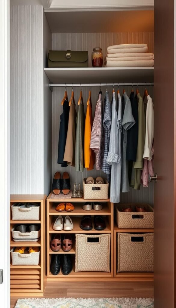 A beautifully organized small bedroom closet showcasing innovative storage solutions, arranged with stylish bins and clever rack systems. In the foreground, display a minimalist shoe organizer made of natural wood, neatly holding various shoes, alongside fabric baskets for accessories. The middle section features a color-coded clothing arrangement, utilizing matching hangers, with hanging shelves above for folded clothes. In the background, subtle wallpaper adds a touch of warmth, complemented by soft lighting that creates a cozy atmosphere. Ensure the overall aesthetic aligns with modern decor ideals. The lens should capture this scene from a slight upward angle, emphasizing the height of the closet space. The image embodies a stylish, functional environment, ideal for renters. Inspired by CozyTrendHub&rsquo;s stylish home d&eacute;cor themes.