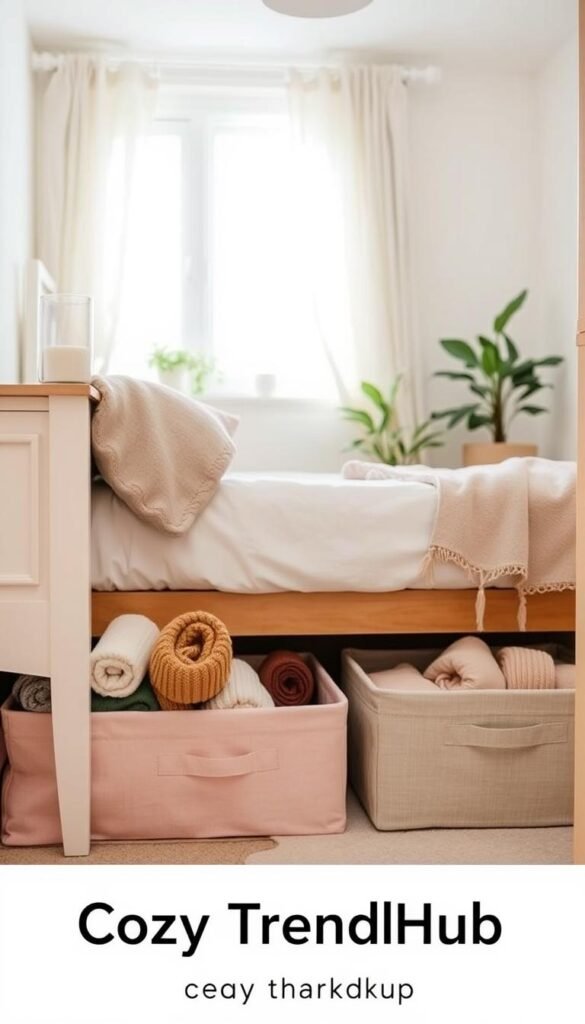 A beautifully organized small bedroom featuring cozy under-bed storage bins, showcasing a minimalist aesthetic. In the foreground, stylish, fabric-covered bins in soft pastel hues neatly tucked beneath a charming bed frame, with one partially visible, revealing neatly rolled blankets and seasonal clothing. The middle ground includes a clean, well-made bed with an inviting arrangement of cushions and a cozy throw. In the background, soft natural light streams in from a window adorned with light, airy curtains, illuminating the serene atmosphere. The room has a touch of greenery with a potted plant by the window, enhancing the fresh vibe. Capture this scene with a warm, inviting tone, using a wide-angle lens to convey depth and comfort. This lifestyle photo embodies the essence of "CozyTrendHub" and inspires small space organization.