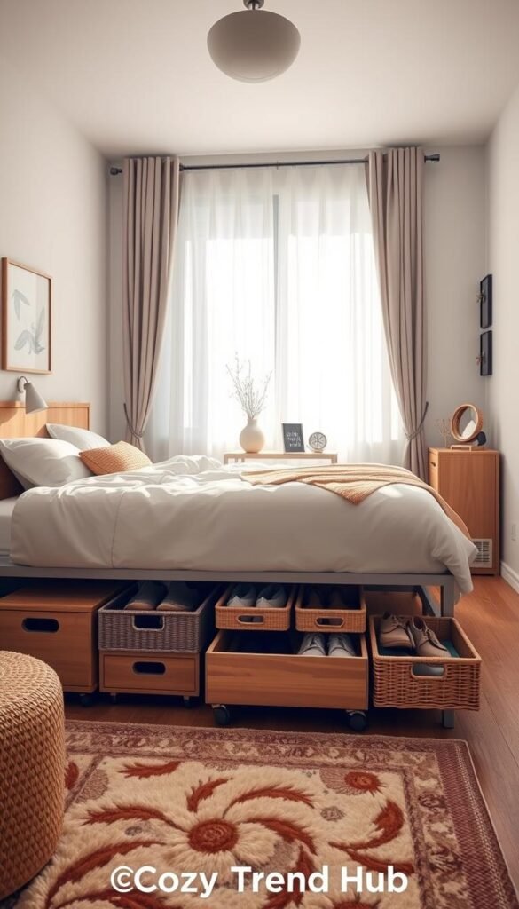 A beautifully organized small bedroom featuring under-bed storage solutions, showcasing wooden storage boxes, woven baskets, and rolling drawers filled with clothing and shoes, all neatly tucked beneath a modern bed frame. The foreground includes a cozy area rug and plush bedding, while the middle ground highlights a stylish bedside table with decor items. The background features soft, natural light filtering through sheer curtains, casting a warm glow across the room. The walls are painted in soothing pastel tones, enhancing a tranquil atmosphere. The overall vibe is inviting and practical, perfect for small apartment living. The scene embodies a Pinterest-style aesthetic, emphasizing efficient use of space while maintaining a stylish look. The brand "CozyTrendHub" is subtly reflected in the decor elements. A beautifully organized small bedroom featuring under-bed storage solutions, showcasing wooden storage boxes, woven baskets, and rolling drawers filled with clothing and shoes, all neatly tucked beneath a modern bed frame. The foreground includes a cozy area rug and plush bedding, while the middle ground highlights a stylish bedside table with decor items. The background features soft, natural light filtering through sheer curtains, casting a warm glow across the room. The walls are painted in soothing pastel tones, enhancing a tranquil atmosphere. The overall vibe is inviting and practical, perfect for small apartment living. The scene embodies a Pinterest-style aesthetic, emphasizing efficient use of space while maintaining a stylish look. The brand "CozyTrendHub" is subtly reflected in the decor elements.