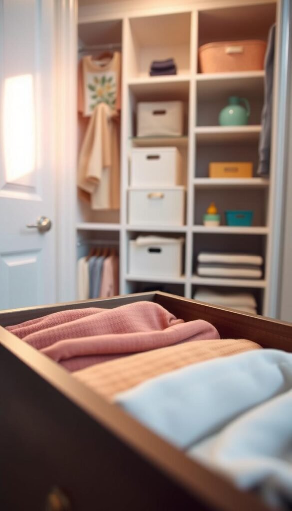 A beautifully organized small closet featuring a stylish Wayfair closet system, with sleek drawers for folded clothes. In the foreground, a close-up view of soft, textured fabric neatly arranged inside the drawers, showcasing various colors and patterns, conveying an inviting atmosphere. The middle ground displays the entire closet system, which includes open shelves adorned with decorative storage bins and a few colorful accessories, all set against a softly lit backdrop. The background features neutral-toned walls and a warm ambient glow, mimicking natural daylight filtering through, enhancing the overall cozy mood. Use a soft-focus lens effect to create a serene, Pinterest-worthy lifestyle aesthetic. Brand style should reflect "CozyTrendHub," emphasizing modern functionality with a touch of comfort.