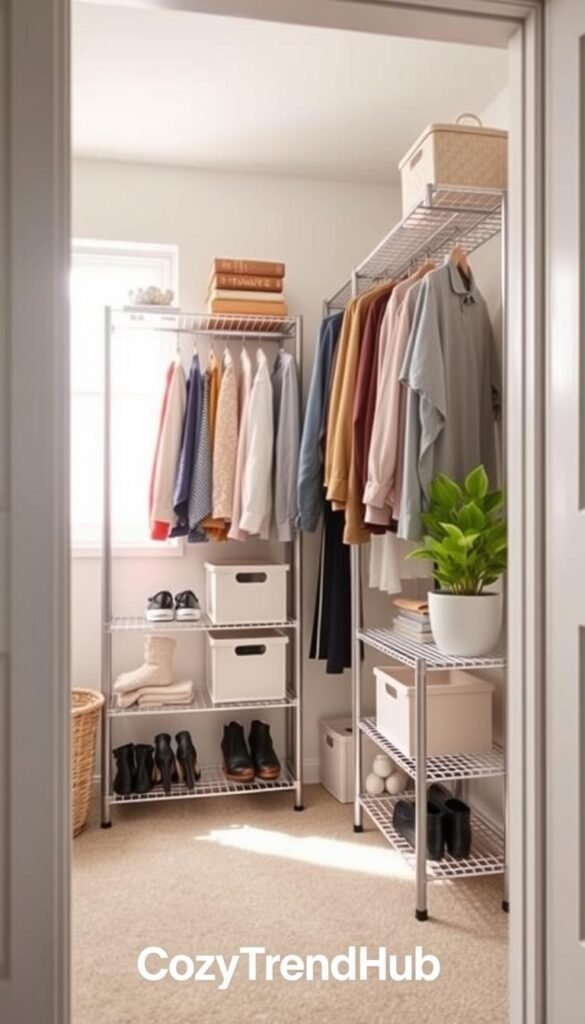 A beautifully organized small closet featuring an Amazon Basics freestanding closet organizer rack and shelves. In the foreground, the sleek metal frame of the organizer showcases various items such as neatly folded clothes, shoes, and accessories, emphasizing a tidy and functional space. In the middle ground, the shelves are adorned with storage bins, a small potted plant, and a few books, adding a touch of decor. The background features a soft, neutral wall color and a hint of natural lighting streaming through a window, creating a warm atmosphere. Use a wide-angle lens for a spacious feel, and ensure a Pinterest-style aesthetic that captures the essence of home organization. Include the brand name "CozyTrendHub" subtly integrated into the scene.