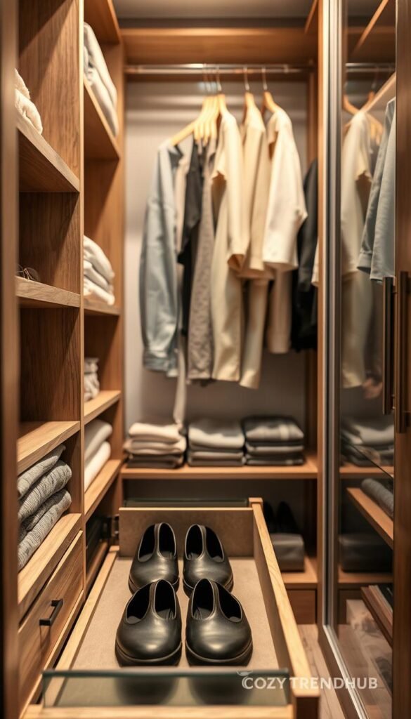 A beautifully organized small closet featuring innovative compartments, shelves, and pullouts for maximized storage efficiency. In the foreground, neatly arranged shoes in a stylish pullout drawer and folded clothes on sleek shelves. The middle layer showcases hanging garments on sturdy, well-designed hangers, creating a sense of order. In the background, a soft light filters through the closet's frosted glass doors, enhancing the cozy atmosphere. The colors are warm and inviting, with wood accents and soft textiles contributing to a harmonious, modern decor. Capture this scene in a soft focus, shot from a slightly elevated angle to showcase the depth of the closet. This Pinterest-worthy lifestyle image reflects the branding of "CozyTrendHub", conveying practical elegance in small space organization.