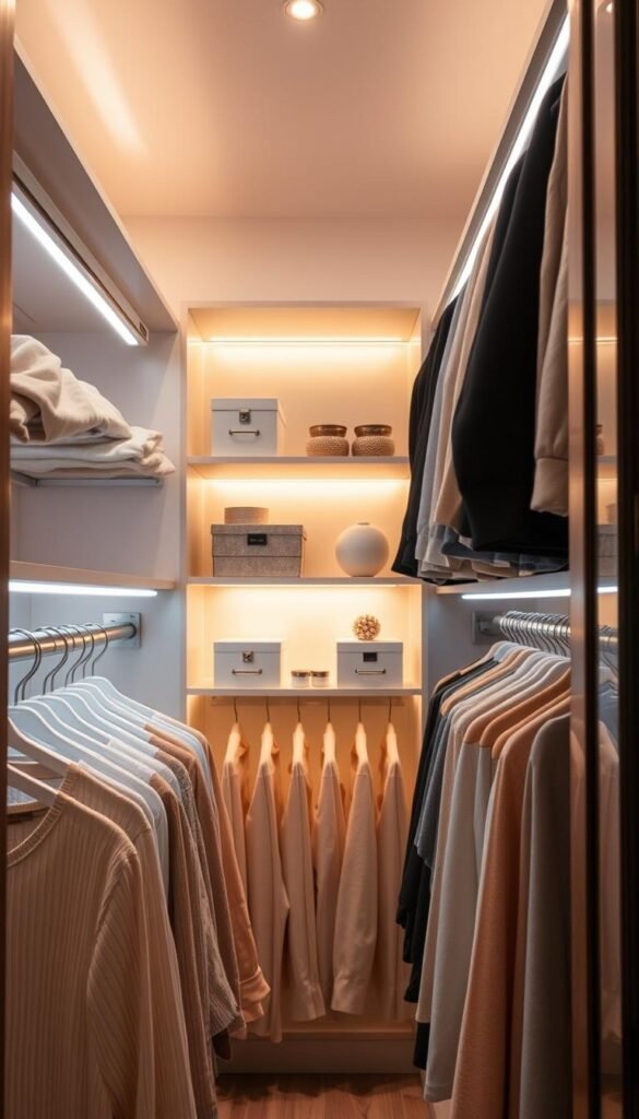 A beautifully organized small closet featuring modern lighting upgrades that create an illusion of space. In the foreground, sleek LED strip lights illuminate neatly arranged clothing racks, showcasing pastel and neutral-toned garments. The middle layer features a functional shelving unit with decorative storage boxes and minimalist decor, all softly lit by a warm, inviting glow. In the background, a mirrored wall reflects the light, enhancing the sense of depth and spaciousness. The scene captures an atmosphere of tranquility and efficiency, perfect for maximizing a narrow closet's potential. The lighting is warm and bright, creating a cozy yet functional space. This image embodies the essence of stylish and intelligent closet design, inspired by CozyTrendHub.