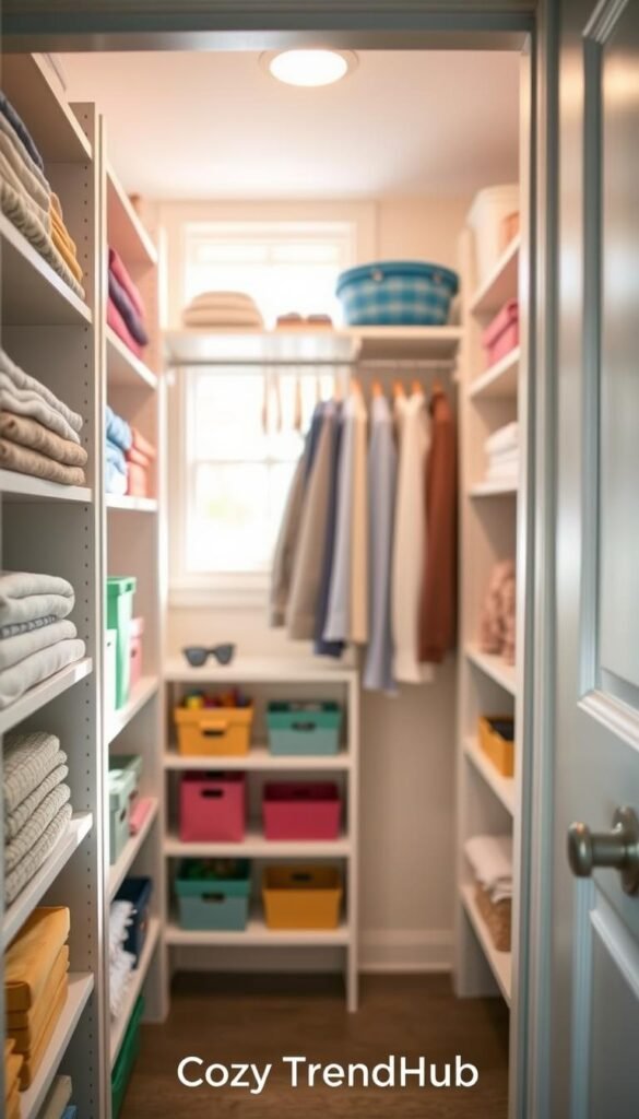 A beautifully organized small closet featuring the Container Store Elfa Classic Starter Kit. In the foreground, neatly arranged shelves hold neatly folded sweaters, colorful bins, and well-organized accessories, creating a functional yet stylish appearance. The middle section showcases the Elfa shelving system with white and wood tones complemented by a soft hanging rod displaying perfectly hung garments. In the background, a soft-focus view reveals a well-lit space with a soothing color palette of pastels and warm neutrals. Natural light streams in from a nearby window, creating a bright, airy atmosphere. The ambiance is inviting and tidy, ideal for showcasing effective closet organization solutions. Incorporate the brand name "CozyTrendHub" subtly within the design, ensuring a polished, aesthetic look.