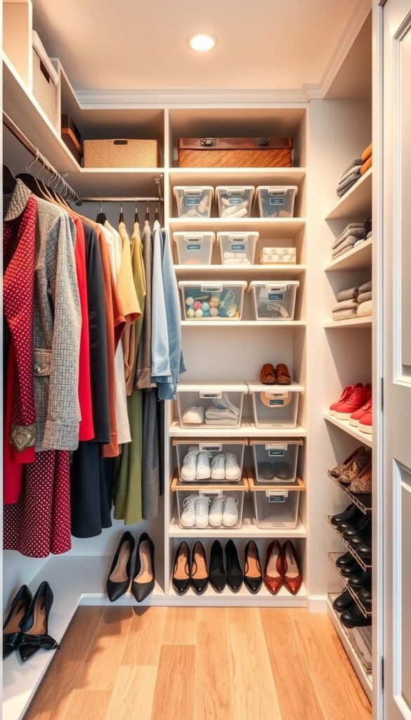 A beautifully organized small closet filled with neatly arranged clothes, shoes, and accessories, showcasing practical storage solutions like cubbies, hanging organizers, and a dedicated shoe rack. The foreground features a stylish garment rack with colorful, well-pressed outfits in professional and casual attire, while the middle ground displays clear storage bins and labeled shelves, emphasizing organization. The background reveals soft, ambient lighting to create a warm and inviting atmosphere, with pastel-colored walls adorned with subtle decor accents. Use a slightly elevated angle to capture the full depth of the closet, ensuring a balanced and harmonious composition. This image is inspired by CozyTrendHub, evoking a sense of clever organization perfect for maximizing small spaces.