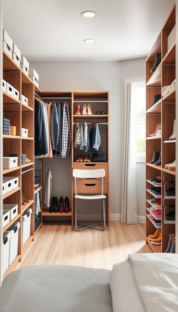 A beautifully organized small closet filled with stylish closet organizers from CozyTrendHub. In the foreground, display neatly arranged shelves with labeled bins, hanging racks with coordinated clothing, and a shoe organizer showcasing various footwear. In the middle, a compact space is efficiently utilized with a pull-out drawer system for accessories and a simple folding chair for convenience. The background features a light, airy atmosphere with soft natural lighting coming from a nearby window, highlighting the warm tones of the wood and the elegant design of the closet. The overall mood is serene and inviting, depicting a well-thought-out storage solution that maximizes space while maintaining an aesthetically pleasing appearance.