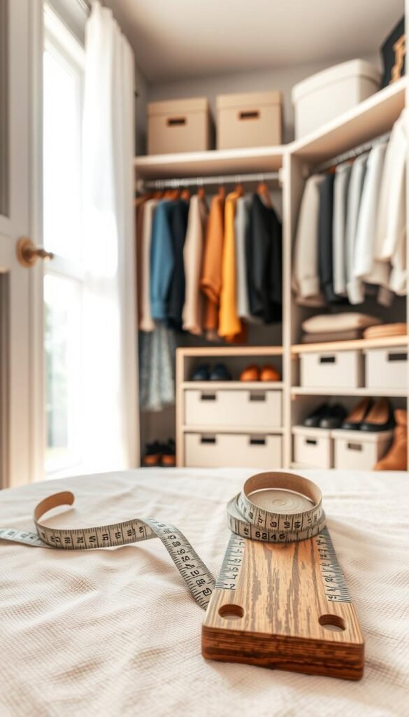 A beautifully organized small closet interior view, showcasing measuring tape stretched alongside neatly arranged clothes and storage bins. In the foreground, an elegant wooden ruler lies on a soft, textured surface, complementing the warm, inviting color palette. The middle ground features stylish closet organizers with compartments for shoes and accessories, creating a sense of order and efficiency. In the background, soft natural light filters through a window, casting gentle shadows that enhance the cozy and inviting atmosphere of the space. The entire scene embodies a sense of practicality and elegance, perfect for a modern home, focusing on the theme of measuring for closet organization. This image is styled in a realistic, Pinterest-inspired manner that aligns with CozyTrendHub aesthetics.