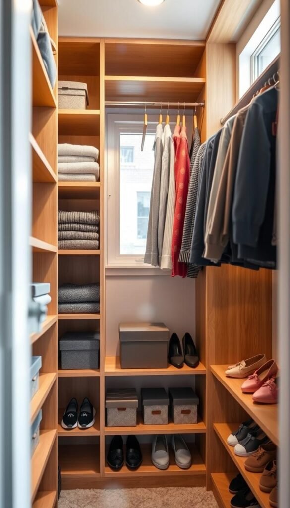 A beautifully organized small closet showcasing a "Lowe's wood and MDF closet system" designed for a built-in look. In the foreground, sleek shelves of warm-toned MDF beautifully display neatly folded sweaters and stylish shoe boxes, with practical storage solutions emphasizing functionality. The middle layer highlights a custom, elegant hanging rod setup, perfectly fitted with hanging clothes in coordinated colors, exuding an organized aesthetic. In the background, soft natural light filters through a nearby window, creating a bright and inviting atmosphere. The image has a slightly blurred bokeh effect, drawing attention to the closet features while maintaining a sleek, modern decor style. The overall mood is calm and inspiring, capturing the essence of efficient organization in a small space. Ideal for home decor inspiration, styled by CozyTrendHub.