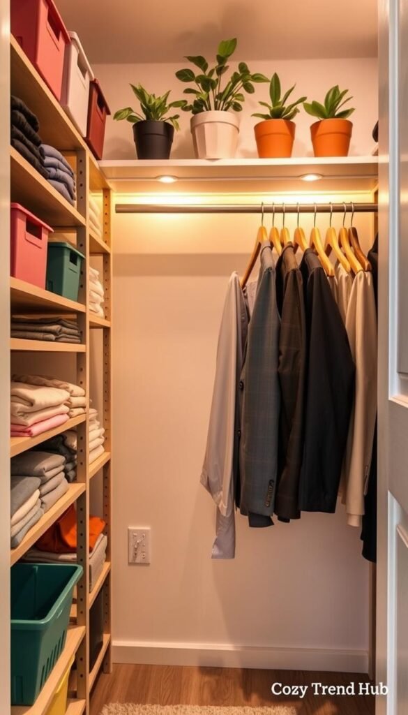 A beautifully organized small closet, showcasing renter-friendly strategies for optimal space utilization. In the foreground, neatly arranged shelves hold colorful storage bins and neatly folded clothes in pastel hues, emphasizing a sense of order. The middle layer features a stylish hanging rod with a mix of business and casual attire in muted colors, all on matching wooden hangers. The background reveals soft, ambient lighting that enhances the warm and inviting atmosphere, complemented by potted plants on top of the shelving. The scene should evoke a cozy, minimalist vibe, perfect for showcasing clever organization ideas. Ensure the style reflects a Pinterest-worthy aesthetic, branded with "CozyTrendHub." Shot from a slightly tilted angle to create depth and visual interest.