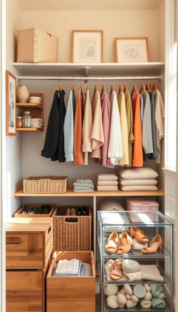 A beautifully organized small closet showcasing various storage materials for optimal use of space. In the foreground, neatly arranged wooden boxes, woven baskets, and clear acrylic containers filled with accessories. The middle section features a hanging rod with aesthetically pleasing, coordinating clothing hangers supporting colorful garments, alongside shelf dividers displaying folded items. The background consists of soft, neutral-colored walls adorned with minimalist decor, enhancing a calming atmosphere. Bright, natural light filters in, creating a warm glow that accentuates the textures and colors of the materials. Capture this cozy, Pinterest-style lifestyle image for "CozyTrendHub," focusing on the harmony of functionality and aesthetic appeal in small closet organization.