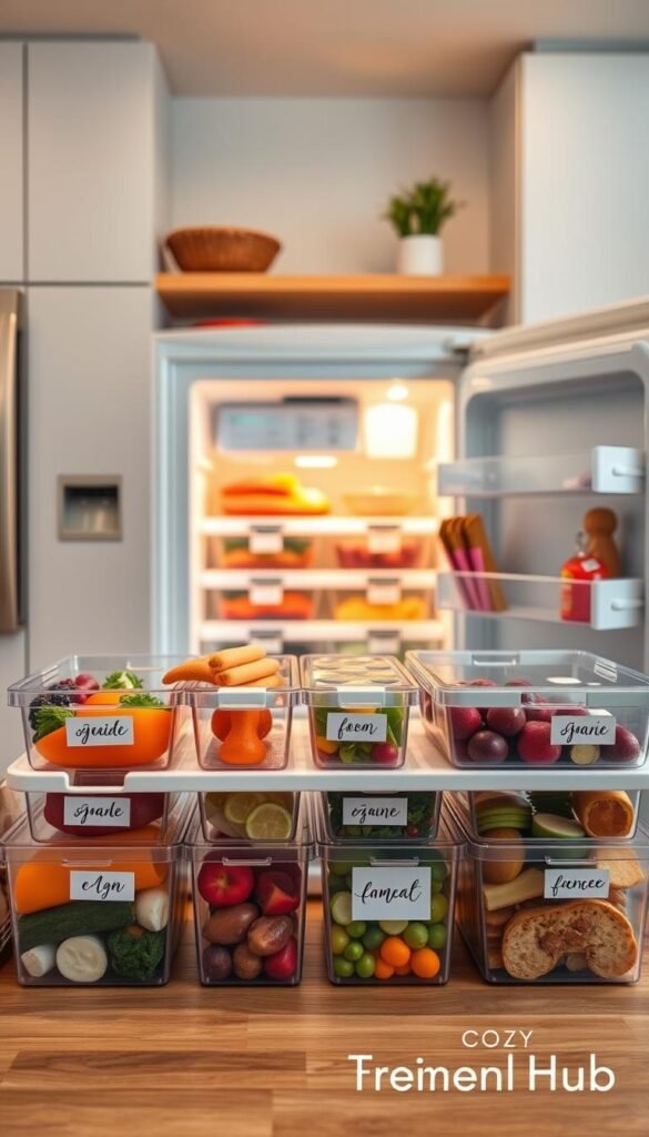 A beautifully organized small freezer in a modern kitchen setting, featuring clear freezer bins and stylish labels for efficient storage. In the foreground, display an assortment of neatly arranged transparent bins, each filled with various frozen foods like vegetables, fruits, and ready-made meals, all labeled with elegant, handwritten-style tags. The middle ground showcases a sleek white freezer, partially open, revealing the bins inside, creating a sense of accessibility and order. The background hints at a cozy, inviting kitchen atmosphere, with warm lighting illuminating the scene. Use a wide-angle lens to capture the entire setup, enhancing the feeling of spaciousness. The mood is warm and inviting, emphasizing a practical yet aesthetically pleasing approach to freezer organization. This image reflects the brand "CozyTrendHub," embodying a sense of style and functionality.