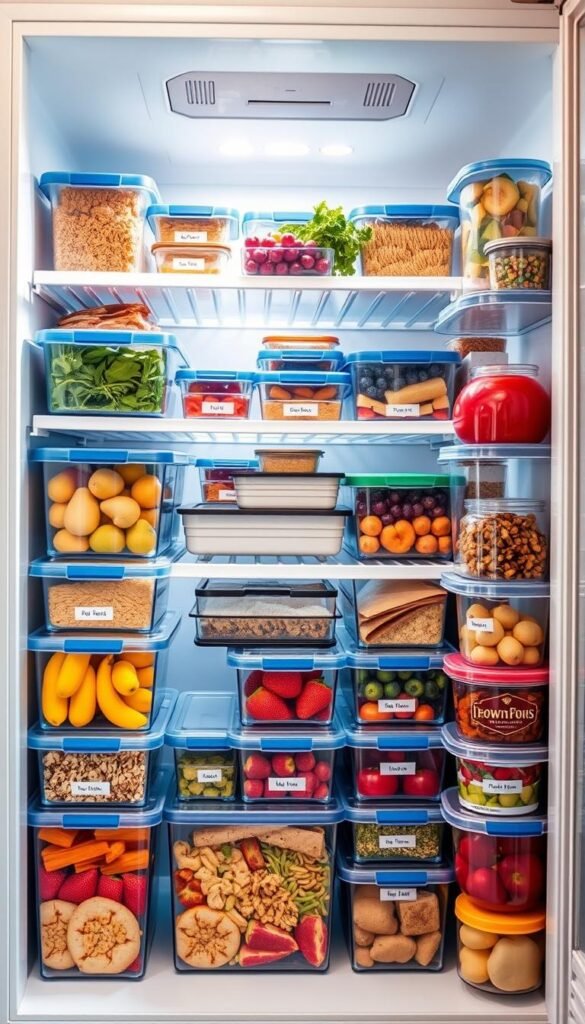 A beautifully organized small freezer interior, showcasing a "good system" for efficient food storage. In the foreground, neatly labeled containers filled with various frozen foods like fruits, vegetables, and pre-prepared meals are stacked in an orderly fashion. The middle section features a clear view of the freezer's transparent shelves, demonstrating an abundance of well-arranged items, with a focus on colors and textures. The background is softly illuminated, highlighting the freezer&rsquo;s sleek design and clean lines, evoking a warm and inviting home atmosphere. The lighting is bright yet soft, mimicking natural daylight, creating a cheerful and organized feel. The image reflects the essence of a Pinterest-style lifestyle photo, styled as a perfect example from CozyTrendHub, emphasizing smart organizational techniques in small spaces.