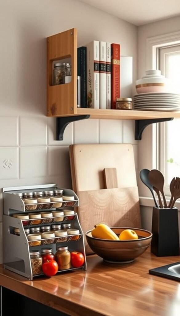 A beautifully organized small kitchen counter showcasing stylish and functional organizers that maximize space without the need for remodeling. In the foreground, display a sleek, modern spice rack filled with colorful spice jars and a compact fruit bowl with fresh produce. The middle ground features a tiered bamboo shelf holding neatly arranged cookbooks and kitchen essentials, while a decorative cutting board rests next to a set of stylish kitchen utensils in a holder. The background features soft, natural lighting coming through a window, creating a warm and inviting atmosphere. Use a wide-angle lens to capture the entirety of this cozy kitchen setup, embodying the essence of CozyTrendHub's aesthetic in home organization.