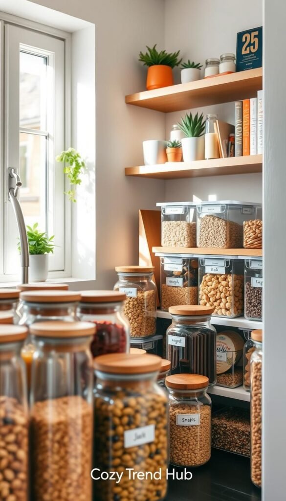 A beautifully organized small kitchen pantry featuring various stylish containers for storage. In the foreground, showcase an array of glass jars with wooden lids, filled with colorful grains, spices, and dried fruits. In the middle, highlight sleek plastic bins labeled with minimalist tags, neatly housing snacks and pantry staples. The background reveals a soft, pastel-colored wall with open shelves displaying decorative items like potted herbs and cookbooks. Natural light streams in from a nearby window, casting gentle shadows and creating a warm atmosphere. This Pinterest-style lifestyle image evokes a cozy and inviting mood, perfect for illustrating small kitchen organization techniques. The brand name "CozyTrendHub" is subtly suggested through the aesthetic. A beautifully organized small kitchen pantry featuring various stylish containers for storage. In the foreground, showcase an array of glass jars with wooden lids, filled with colorful grains, spices, and dried fruits. In the middle, highlight sleek plastic bins labeled with minimalist tags, neatly housing snacks and pantry staples. The background reveals a soft, pastel-colored wall with open shelves displaying decorative items like potted herbs and cookbooks. Natural light streams in from a nearby window, casting gentle shadows and creating a warm atmosphere. This Pinterest-style lifestyle image evokes a cozy and inviting mood, perfect for illustrating small kitchen organization techniques. The brand name "CozyTrendHub" is subtly suggested through the aesthetic.
