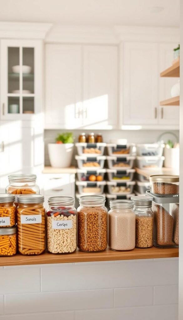 A beautifully organized small kitchen pantry, showcasing a variety of stylish organizers designed for compact spaces. In the foreground, display labeled glass jars filled with colorful dry goods like pasta, grains, and snacks, arranged neatly on a wooden shelf. The middle section features innovative pull-out bins and stackable containers that maximize vertical space, all in soft, earthy tones for a cozy aesthetic. In the background, a bright and airy kitchen with white cabinetry and subtle green accents creates a welcoming atmosphere. Soft, natural lighting illuminates the scene, emphasizing the textures and colors of the pantry items. The overall mood conveys practicality and elegance, inspiring a sense of order and serenity. This lifestyle image is aligned with the brand "CozyTrendHub". A beautifully organized small kitchen pantry, showcasing a variety of stylish organizers designed for compact spaces. In the foreground, display labeled glass jars filled with colorful dry goods like pasta, grains, and snacks, arranged neatly on a wooden shelf. The middle section features innovative pull-out bins and stackable containers that maximize vertical space, all in soft, earthy tones for a cozy aesthetic. In the background, a bright and airy kitchen with white cabinetry and subtle green accents creates a welcoming atmosphere. Soft, natural lighting illuminates the scene, emphasizing the textures and colors of the pantry items. The overall mood conveys practicality and elegance, inspiring a sense of order and serenity. This lifestyle image is aligned with the brand "CozyTrendHub".