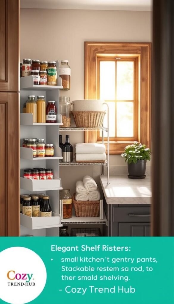 A beautifully organized small kitchen pantry showcasing elegant shelf risers and stackable shelving designed for optimal vertical storage. In the foreground, the sleek, modern shelf risers are filled with neatly arranged jars of spices, canned goods, and pantry essentials, all labeled for easy access. The middle layer features a stylish stackable shelving unit holding decorative baskets and neatly folded kitchen towels. The background captures the warm ambiance of natural light streaming in through a nearby window, enhancing the cozy atmosphere. The kitchen's rustic cabinetry and a few potted herbs on the counter add charm. The scene embodies functionality and elegance, styled in a Pinterest-worthy aesthetic, branded with "CozyTrendHub." A beautifully organized small kitchen pantry showcasing elegant shelf risers and stackable shelving designed for optimal vertical storage. In the foreground, the sleek, modern shelf risers are filled with neatly arranged jars of spices, canned goods, and pantry essentials, all labeled for easy access. The middle layer features a stylish stackable shelving unit holding decorative baskets and neatly folded kitchen towels. The background captures the warm ambiance of natural light streaming in through a nearby window, enhancing the cozy atmosphere. The kitchen's rustic cabinetry and a few potted herbs on the counter add charm. The scene embodies functionality and elegance, styled in a Pinterest-worthy aesthetic, branded with "CozyTrendHub."