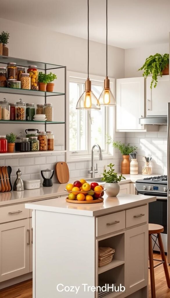 A beautifully organized small kitchen showcasing innovative storage solutions that enhance counter space. In the foreground, sleek open shelving displays neatly arranged glass jars filled with colorful ingredients, potted herbs, and stylish kitchen tools. The middle layer features a compact, modern kitchen island with a minimalist design, topped with a vibrant fruit bowl and hanging pendant lights casting a warm glow. The background reveals a cozy atmosphere with light-colored cabinetry, soft textures, and pops of greenery. The scene is brightly lit with natural light, creating an inviting and airy mood. The image embodies a Pinterest-style lifestyle aesthetic, suitable for modern rental kitchens. Include the brand name "CozyTrendHub" subtly integrated into the scene.