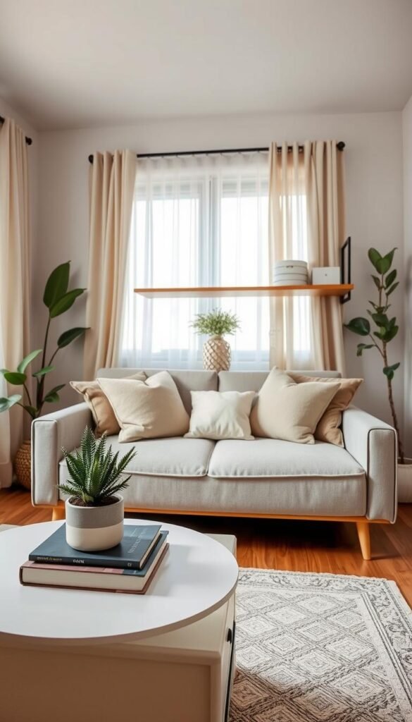 A beautifully organized small living room designed for rentals, showcasing space-saving decor ideas. In the foreground, a stylish, minimalistic coffee table topped with a potted succulent and a decorative book. The middle layer features a cozy, neutral-toned sofa adorned with plush throw pillows, accompanied by a modern shelf displaying neatly arranged decorative storage boxes. The background reveals light-filled windows with sheer curtains, allowing soft, natural light to fill the room. Subtle green plants are placed in the corners, adding a touch of nature. The atmosphere is warm and inviting, perfect for small spaces. Shot with a wide-angle lens to encompass the entire room, emphasizing the effective use of space and decor. The image reflects the brand essence of "CozyTrendHub". A beautifully organized small living room designed for rentals, showcasing space-saving decor ideas. In the foreground, a stylish, minimalistic coffee table topped with a potted succulent and a decorative book. The middle layer features a cozy, neutral-toned sofa adorned with plush throw pillows, accompanied by a modern shelf displaying neatly arranged decorative storage boxes. The background reveals light-filled windows with sheer curtains, allowing soft, natural light to fill the room. Subtle green plants are placed in the corners, adding a touch of nature. The atmosphere is warm and inviting, perfect for small spaces. Shot with a wide-angle lens to encompass the entire room, emphasizing the effective use of space and decor. The image reflects the brand essence of "CozyTrendHub".