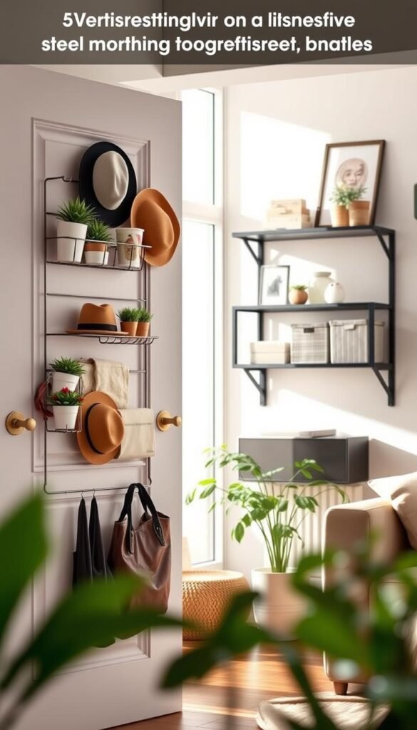 A beautifully organized small living space featuring renter-friendly wall and door storage solutions. In the foreground, a stylish door-mounted storage rack adorned with neatly arranged accessories such as potted plants, hats, and bags, showcasing easy-access functionality without damaging surfaces. The middle ground captures a wall-mounted shelf with tasteful decor and lightweight storage bins, harmonizing with a cozy, minimalist aesthetic. The background highlights a sunlit room with large windows, casting soft, natural light that enhances the warm, inviting atmosphere. Use a shallow depth of field for added focus on the storage solutions, evoking a Pinterest-style lifestyle photo. The scene is decorated in a neutral color palette, emphasizing the brand "CozyTrendHub" for a modern touch.