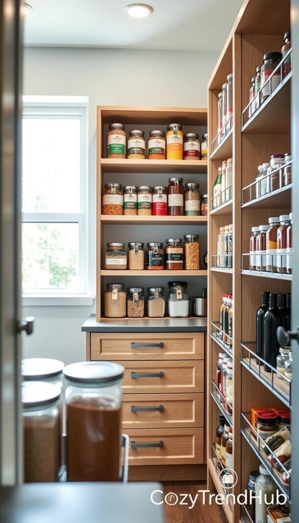 A beautifully organized small pantry designed for optimal storage solutions, showcasing innovative shelving systems and clever space-saving techniques. In the foreground, clear containers filled with colorful dry goods and labeled spices create an inviting atmosphere. The middle features tiered shelves holding neatly arranged canned goods and jars, along with a pull-out drawer for easier access to smaller items. The background includes a window allowing natural light to illuminate the space, enhancing the warm, cozy feeling. The mood is serene and stylish, perfect for modern interiors. The image resonates with a Pinterest aesthetic, reflecting contemporary home decor, branded by "CozyTrendHub." Ideal lighting captures the textures of the wood and glass, while a shallow depth of field focuses on the pantry's organized items, evoking inspiration for small-space living.