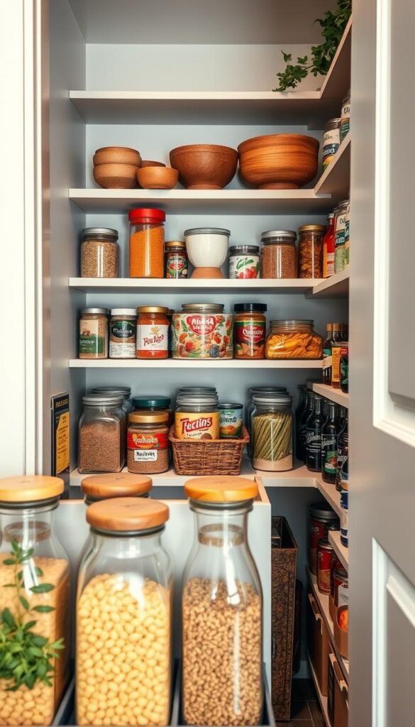 A beautifully organized small pantry, showcasing various pantry items such as jars of spices, canned goods, pasta, and grains in clear containers. In the foreground, there are neatly labeled glass jars with rustic wooden lids, showcasing vibrant colors of herbs and spices. The middle section features a practical pull-out shelf filled with canned foods and a small basket of fresh produce. The background reveals stylish open shelving displaying decorative rustic bowls and a subtle green plant, enhancing the natural vibe. Soft, warm lighting eliminates harsh shadows, creating an inviting atmosphere. The angle captures depth, emphasizing the space-saving solutions. The scene embodies a chic, Pinterest-inspired aesthetic while reflecting the theme of efficient storage. CozyTrendHub.