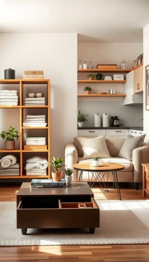A beautifully organized small-space living area showcasing innovative storage solutions. In the foreground, a stylish open shelf unit displays neatly folded blankets, decorative boxes, and a few potted plants, emphasizing functionality and aesthetics. The middle ground features a compact yet chic coffee table with hidden storage compartments, surrounded by a cozy, modern seating arrangement, perfect for inviting yet practical living. The background reveals a well-lit kitchen nook with wall-mounted shelves filled with kitchen essentials and light-colored cabinetry, exuding a warm, inviting atmosphere. Soft, natural lighting creates a serene ambiance, while the lens captures the scene at a slight angle for depth. The image embodies the essence of smart storage ideas from CozyTrendHub, inspiring small-space solutions that resonate with contemporary home decor trends. A beautifully organized small-space living area showcasing innovative storage solutions. In the foreground, a stylish open shelf unit displays neatly folded blankets, decorative boxes, and a few potted plants, emphasizing functionality and aesthetics. The middle ground features a compact yet chic coffee table with hidden storage compartments, surrounded by a cozy, modern seating arrangement, perfect for inviting yet practical living. The background reveals a well-lit kitchen nook with wall-mounted shelves filled with kitchen essentials and light-colored cabinetry, exuding a warm, inviting atmosphere. Soft, natural lighting creates a serene ambiance, while the lens captures the scene at a slight angle for depth. The image embodies the essence of smart storage ideas from CozyTrendHub, inspiring small-space solutions that resonate with contemporary home decor trends.