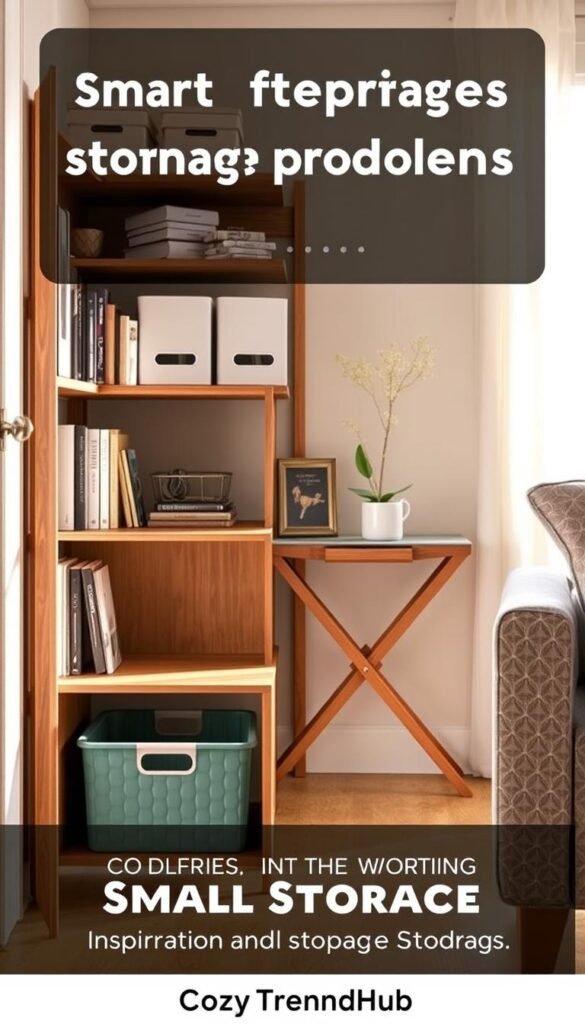 A beautifully organized small storage area featuring smart storage products, such as stackable bins, sleek shelves, and multifunctional furniture. In the foreground, a stylish wooden shelf displays neatly arranged books and decorative items, while a compact, colorful storage bin sits underneath for easy access. In the middle, a small folding table showcases an innovative storage solution, such as a pull-out drawer or hidden compartments, clearly designed for maximizing space. The background features a cozy, well-lit room with soft, natural light streaming through a window, creating a warm and inviting atmosphere. Emphasize a modern, minimalist aesthetic with a touch of earthy colors. The overall mood should reflect practicality and inspiration for effective small space organization. Branding: CozyTrendHub.