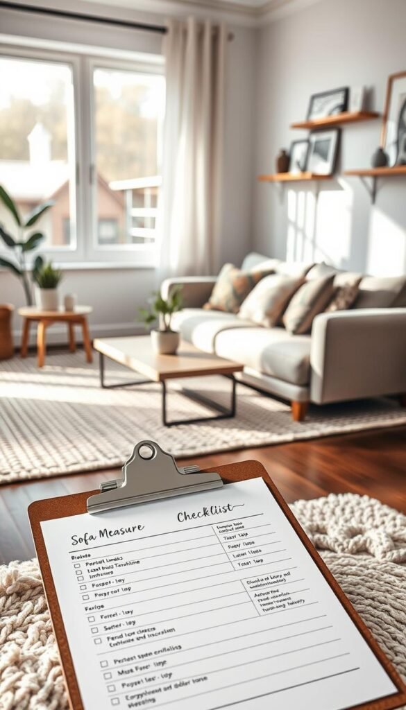 A beautifully organized sofa measurement checklist, displayed on a stylish clipboard resting on a cozy, neutral-toned rug. In the foreground, the checklist features clear, neat lines, with measurements and tips for small spaces in elegant handwriting. The middle ground showcases a chic, minimalist living room setup with a compact sofa, accent pillows, and a small side table adorned with a decorative plant. Soft, natural light pours in from a nearby window, creating a warm, inviting atmosphere. The background is adorned with tasteful wall art and some shelves displaying curated decor. The overall mood is serene and accessible, perfectly capturing the essence of thoughtful design for small spaces, tailored for CozyTrendHub. A beautifully organized sofa measurement checklist, displayed on a stylish clipboard resting on a cozy, neutral-toned rug. In the foreground, the checklist features clear, neat lines, with measurements and tips for small spaces in elegant handwriting. The middle ground showcases a chic, minimalist living room setup with a compact sofa, accent pillows, and a small side table adorned with a decorative plant. Soft, natural light pours in from a nearby window, creating a warm, inviting atmosphere. The background is adorned with tasteful wall art and some shelves displaying curated decor. The overall mood is serene and accessible, perfectly capturing the essence of thoughtful design for small spaces, tailored for CozyTrendHub.