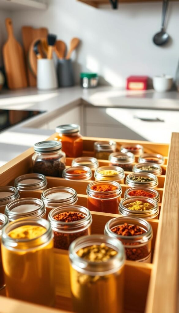 A beautifully organized spice drawer, featuring a stylish, modern spice drawer organizer by CozyTrendHub. In the foreground, vibrant jars filled with colorful spices like paprika, turmeric, and cumin are neatly arranged in clear containers, showcasing their hues. The middle section of the image highlights the sleek, divided compartments of the organizer, made of natural bamboo with a smooth finish. Soft, natural lighting filters in from above, casting gentle shadows that enhance the texture of the wood and the glass jars. In the background, a hint of a kitchen countertop and faintly visible kitchen utensils create a warm, inviting atmosphere, suggesting a tidy and efficient kitchen space. The overall mood is cozy yet sophisticated, perfect for inspiring organization enthusiasts. A beautifully organized spice drawer, featuring a stylish, modern spice drawer organizer by CozyTrendHub. In the foreground, vibrant jars filled with colorful spices like paprika, turmeric, and cumin are neatly arranged in clear containers, showcasing their hues. The middle section of the image highlights the sleek, divided compartments of the organizer, made of natural bamboo with a smooth finish. Soft, natural lighting filters in from above, casting gentle shadows that enhance the texture of the wood and the glass jars. In the background, a hint of a kitchen countertop and faintly visible kitchen utensils create a warm, inviting atmosphere, suggesting a tidy and efficient kitchen space. The overall mood is cozy yet sophisticated, perfect for inspiring organization enthusiasts.