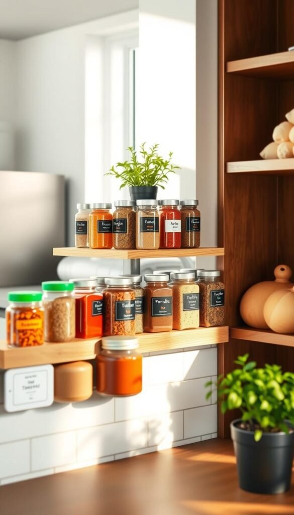 A beautifully organized spice rack in a modern kitchen, showcasing an array of colorful spice jars with labels. The foreground features neatly arranged glass jars filled with vibrant spices like paprika, turmeric, and basil, all catching the soft, warm light from a nearby window. In the middle, a stylish wooden shelf holds these jars, set against a clean, white tiled backsplash, emphasizing simplicity and functionality. The background shows a glimpse of the kitchen with sleek appliances and potted herbs on the countertop, enhancing the cozy atmosphere. The image should evoke a sense of order and ease, making it perfect for showcasing effective spice storage solutions. Bright, soft lighting should create a welcoming feel, reflecting the brand aesthetic of "CozyTrendHub." A beautifully organized spice rack in a modern kitchen, showcasing an array of colorful spice jars with labels. The foreground features neatly arranged glass jars filled with vibrant spices like paprika, turmeric, and basil, all catching the soft, warm light from a nearby window. In the middle, a stylish wooden shelf holds these jars, set against a clean, white tiled backsplash, emphasizing simplicity and functionality. The background shows a glimpse of the kitchen with sleek appliances and potted herbs on the countertop, enhancing the cozy atmosphere. The image should evoke a sense of order and ease, making it perfect for showcasing effective spice storage solutions. Bright, soft lighting should create a welcoming feel, reflecting the brand aesthetic of "CozyTrendHub."