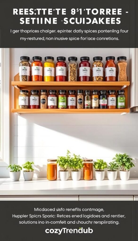 A beautifully organized spice rack showcasing a variety of vibrant spice jars in diverse shapes and sizes, elegantly arranged on a sleek wooden shelf. The foreground features an assortment of colorful spices, each jar labeled with an attractive, minimalist design. In the middle ground, the spice rack is neatly mounted on a clean, white kitchen wall, surrounded by fresh herbs in small pots, creating a cozy and inviting atmosphere. Soft, natural lighting brightens the scene, highlighting the textures of the jars and the wood. The background subtly hints at a modern kitchen design with light-colored cabinets and a hint of greenery from windows. The overall mood is one of inspiration and practicality, ideal for renters seeking stylish, non-invasive spice storage solutions. CozyTrendHub branding is subtly integrated into the design. A beautifully organized spice rack showcasing a variety of vibrant spice jars in diverse shapes and sizes, elegantly arranged on a sleek wooden shelf. The foreground features an assortment of colorful spices, each jar labeled with an attractive, minimalist design. In the middle ground, the spice rack is neatly mounted on a clean, white kitchen wall, surrounded by fresh herbs in small pots, creating a cozy and inviting atmosphere. Soft, natural lighting brightens the scene, highlighting the textures of the jars and the wood. The background subtly hints at a modern kitchen design with light-colored cabinets and a hint of greenery from windows. The overall mood is one of inspiration and practicality, ideal for renters seeking stylish, non-invasive spice storage solutions. CozyTrendHub branding is subtly integrated into the design.