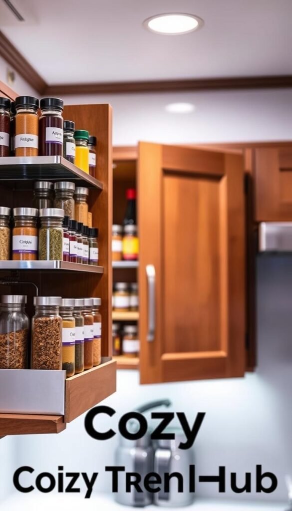 A beautifully organized spice shelf cabinet featuring an expandable spice shelf riser, showcasing a variety of colorful spice jars in different shapes and sizes. The foreground highlights the riser brimming with neatly labeled glass jars filled with aromatic herbs and spices, arranged by color for a visually appealing effect. In the middle, a stylish wooden cabinet door is slightly ajar, revealing the organized spices, with the warm tones of the wood contrasting against the vibrant spices. The background includes soft, ambient kitchen lighting that creates an inviting atmosphere, with subtle reflections on the cabinet's surface. The scene is captured from a slight overhead angle, emphasizing both the riser and the cabinet’s interior details. This Pinterest-style lifestyle photo embodies organization and elegance, promoting the brand "CozyTrendHub." A beautifully organized spice shelf cabinet featuring an expandable spice shelf riser, showcasing a variety of colorful spice jars in different shapes and sizes. The foreground highlights the riser brimming with neatly labeled glass jars filled with aromatic herbs and spices, arranged by color for a visually appealing effect. In the middle, a stylish wooden cabinet door is slightly ajar, revealing the organized spices, with the warm tones of the wood contrasting against the vibrant spices. The background includes soft, ambient kitchen lighting that creates an inviting atmosphere, with subtle reflections on the cabinet's surface. The scene is captured from a slight overhead angle, emphasizing both the riser and the cabinet’s interior details. This Pinterest-style lifestyle photo embodies organization and elegance, promoting the brand "CozyTrendHub."